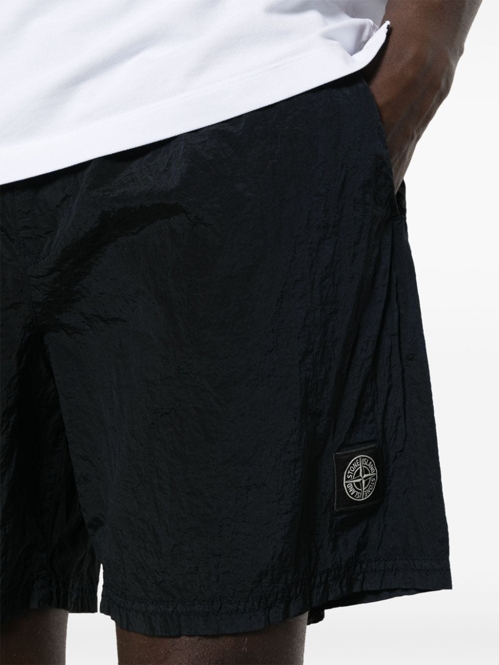 Shop Stone Island Compass Crinkled Shorts In Blue