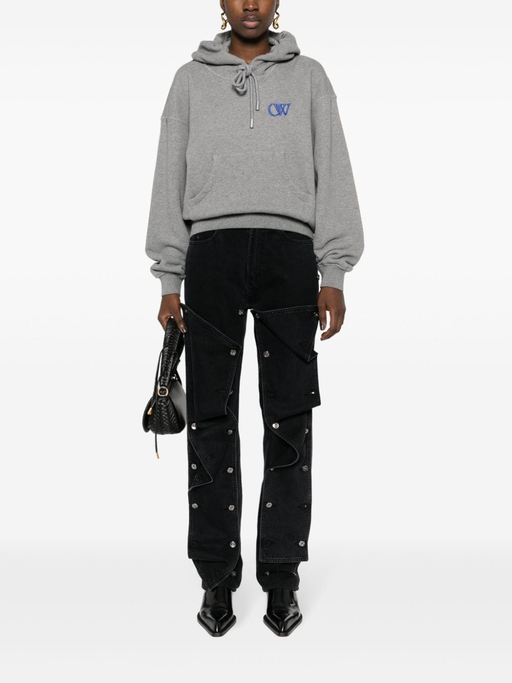 Shop Off-white Embroidered-logo Cotton Hoodie In Grey