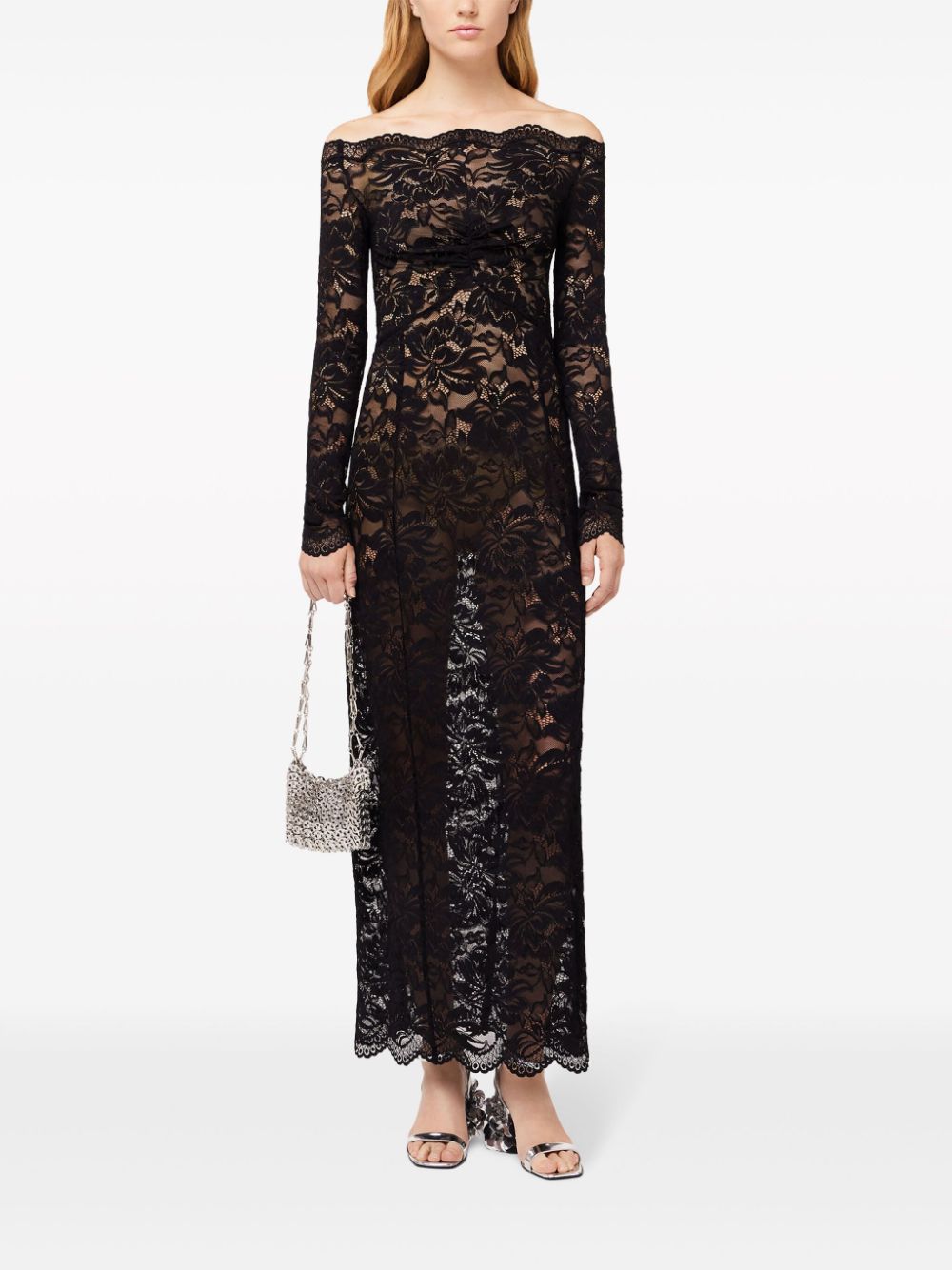 Shop Rabanne Floral-lace Bardot-collar Dress In Black