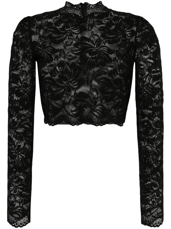 Black Sheer Lace Scallop Hem Crop Top  Sheer lace shirt, Black lace tops, Lace  tops