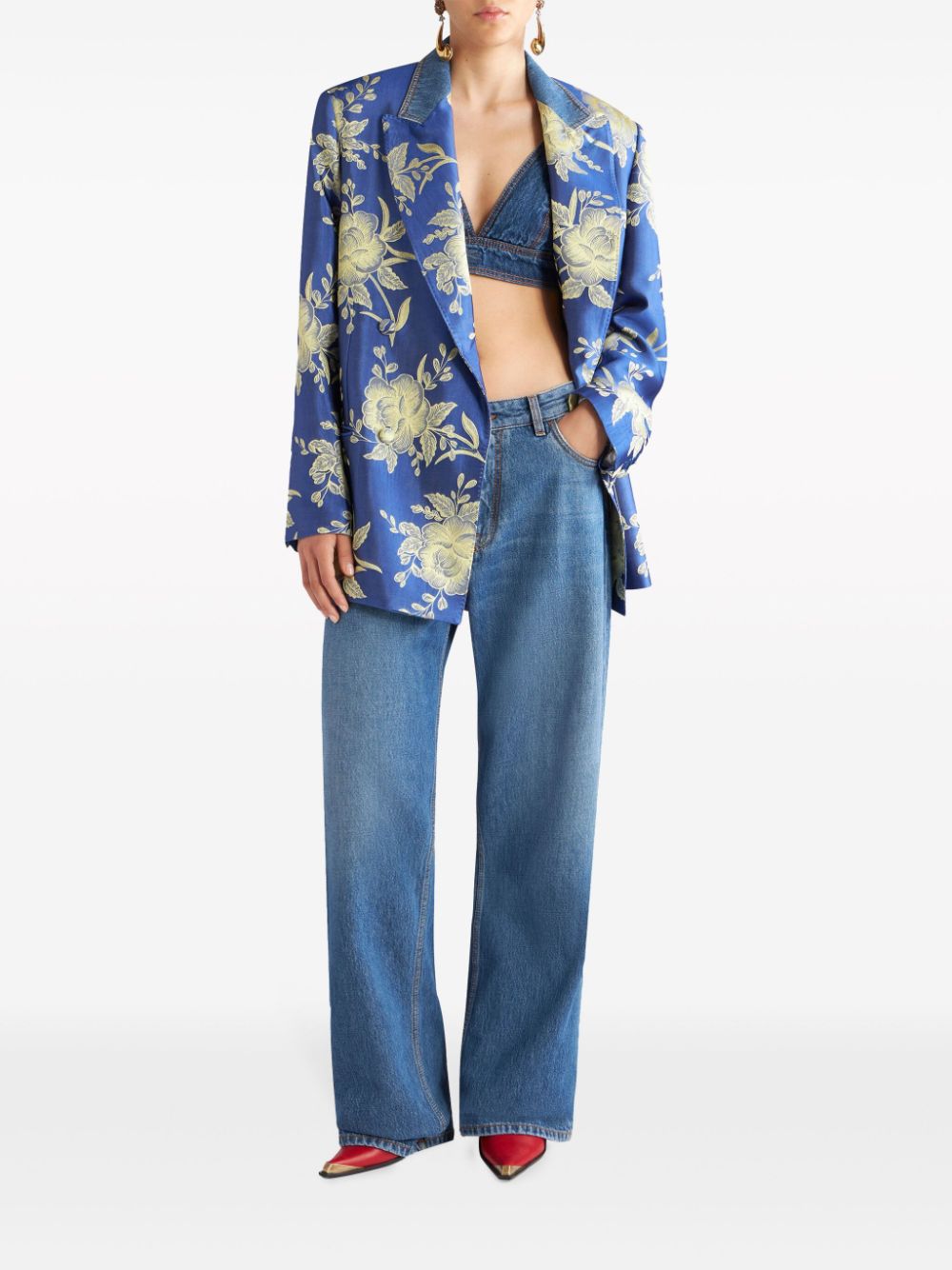 Shop Etro Floral-jacquard Double-breastred Blazer In Blue