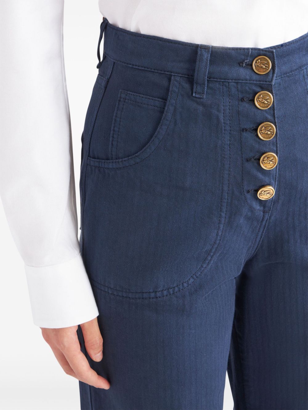 Shop Etro Logo-embossed Button High-rise Flared Jeans In Blue