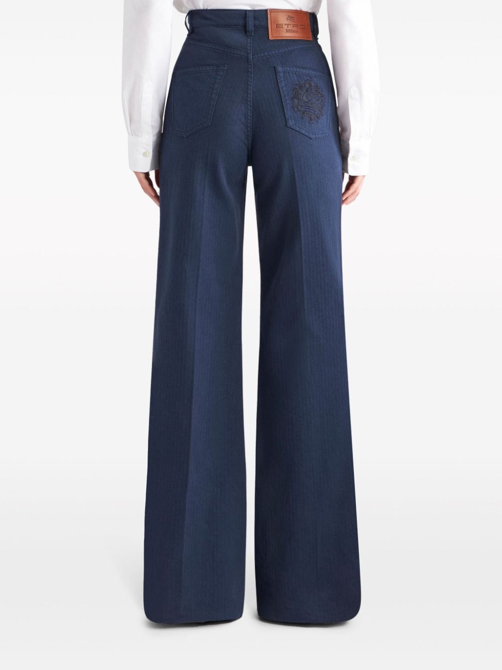 Shop Etro Logo-embossed Button High-rise Flared Jeans In Blue