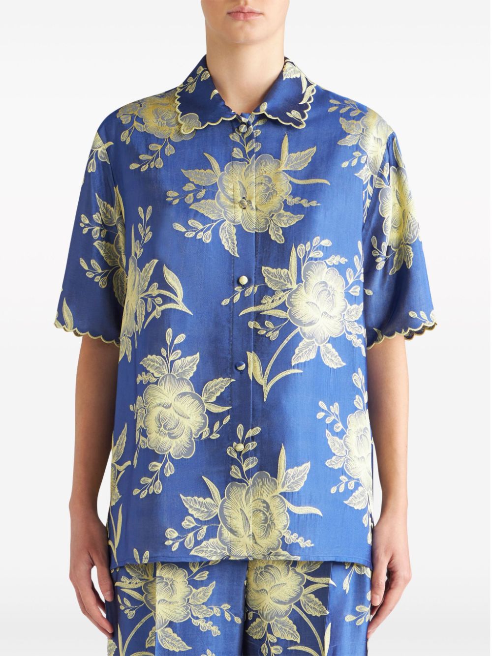 Shop Etro Floral-jacquard Scalloped-hem Shirt In Blue