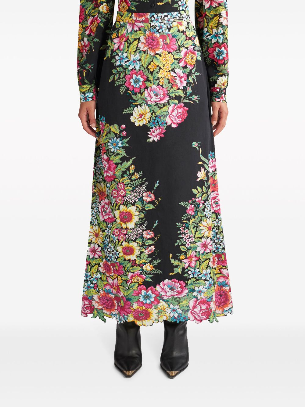 Shop Etro Floral-print Cotton Maxi Skirt In Black