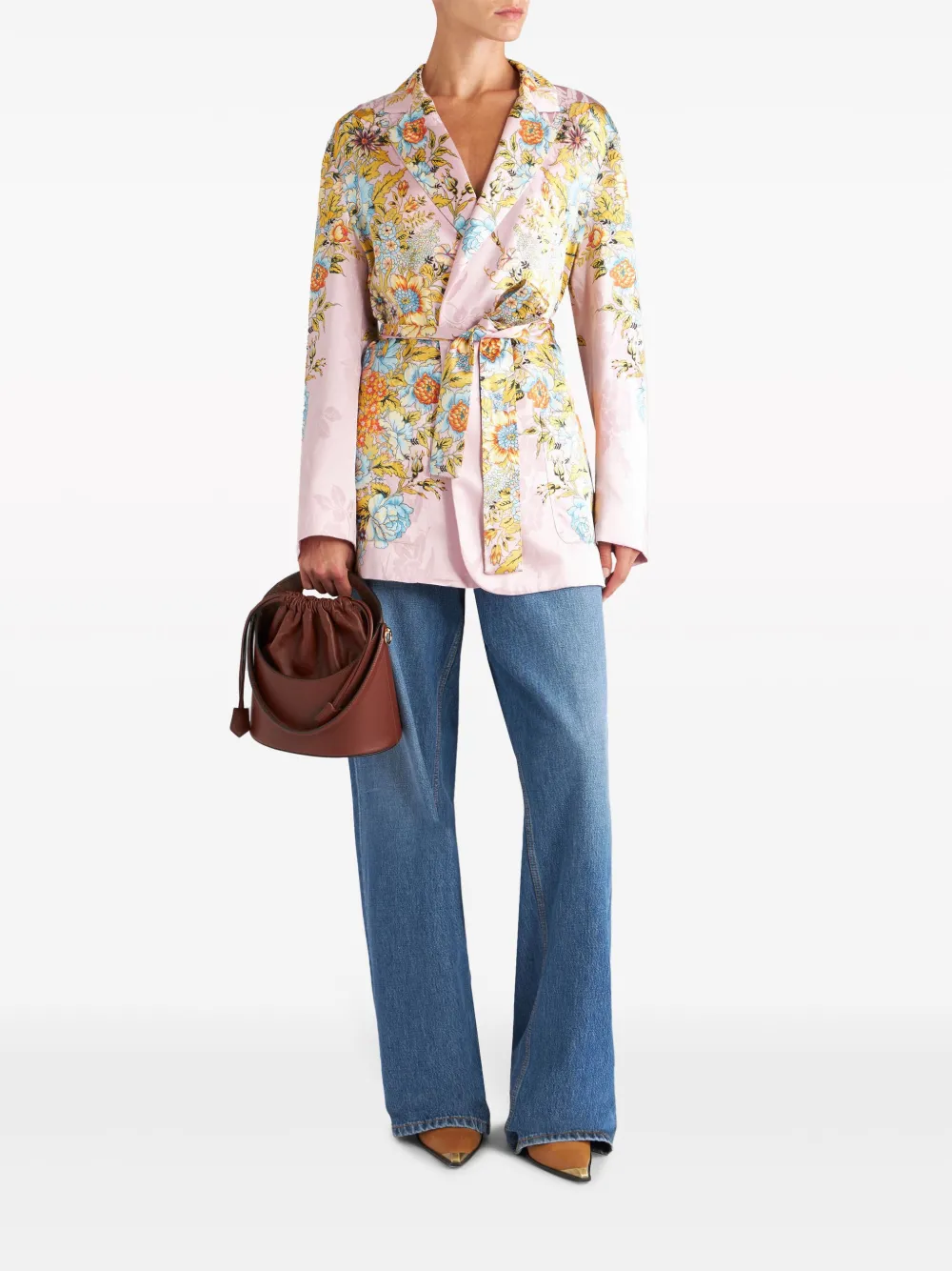 Shop Etro Floral-jacquard Belted Silk Jacket In Pink