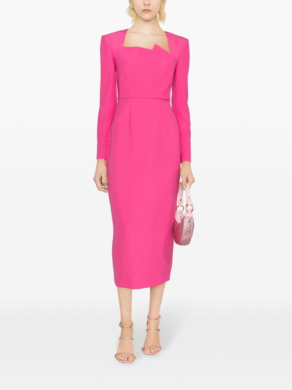 Shop Roland Mouret Long-sleeve Crepe Midi Dress In Rosa