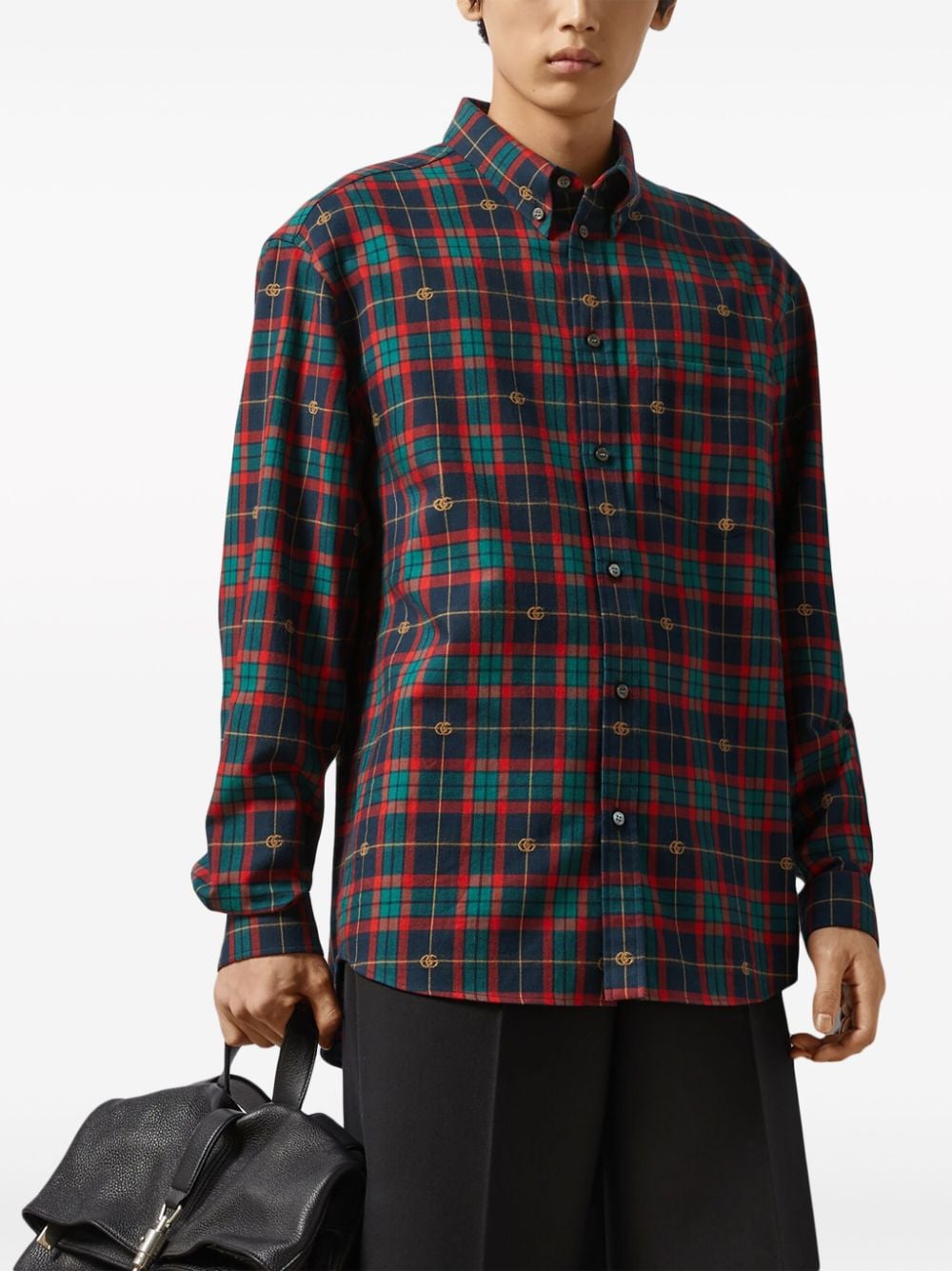 Shop Gucci Double G-jacquard Tartan Shirt In Blau