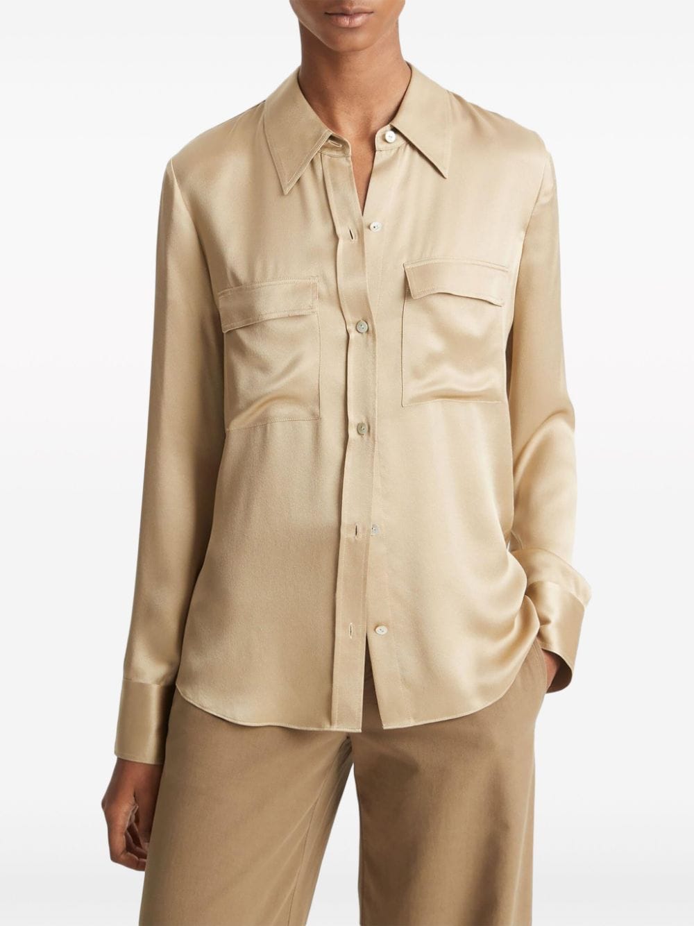 Shop Vince Spread-collar Silk Shirt In Neutrals