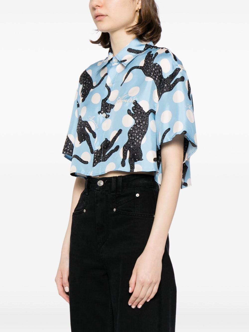 Shop Amiri Graphic-print Silk Cropped Shirt In Blue