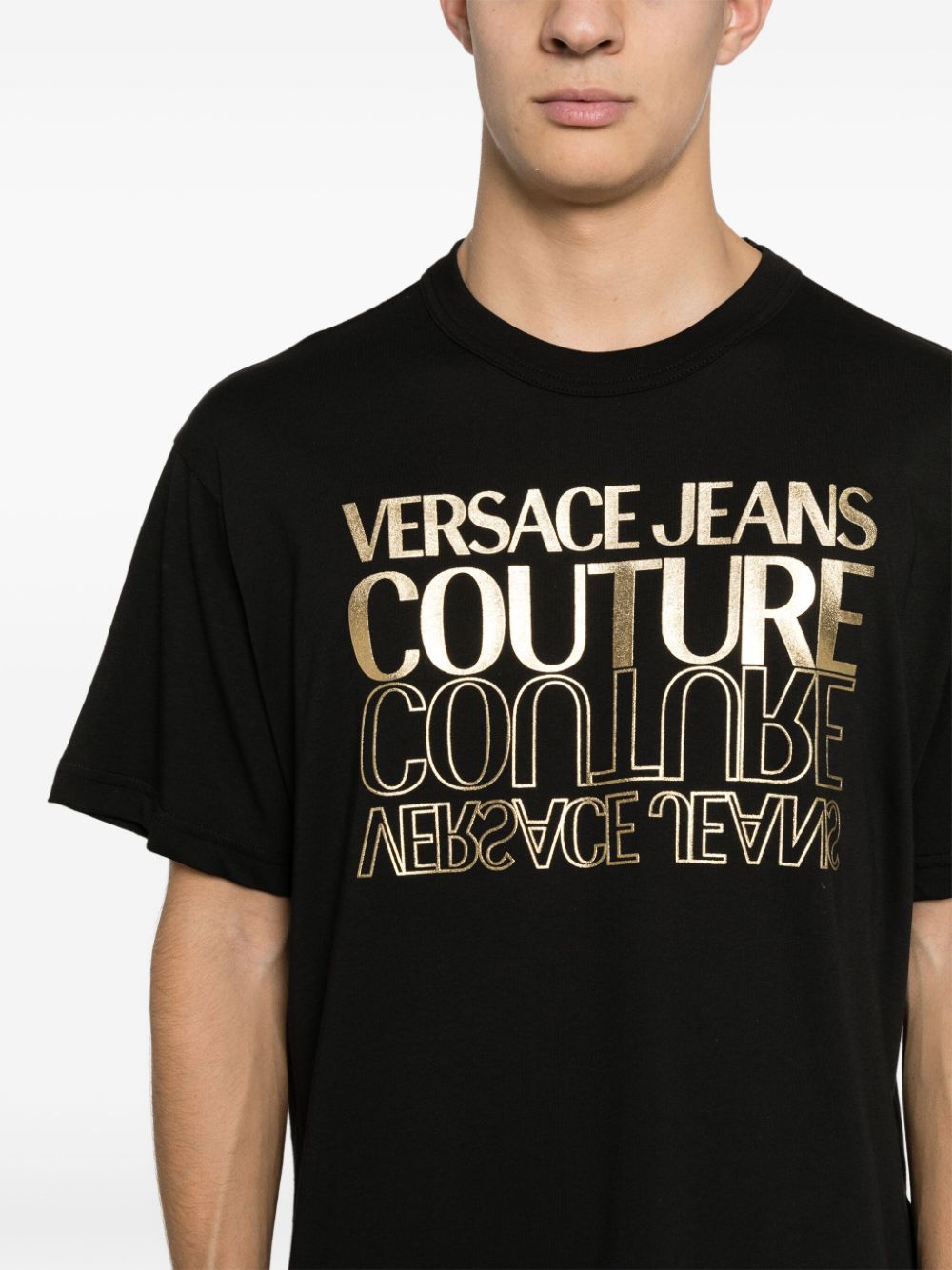 Shop Versace Jeans Couture Metallic Logo-print Cotton T-shirt In Black