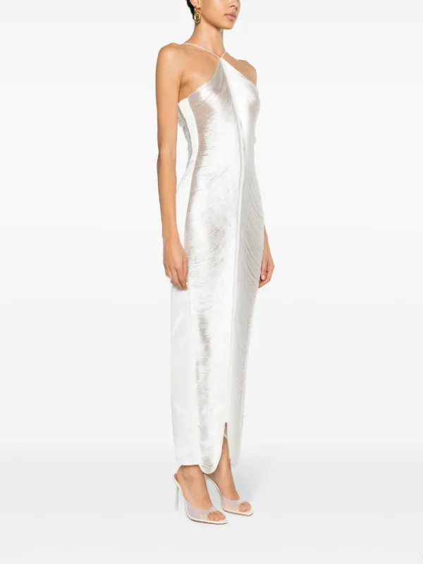 cult gaia silver dress Cult Gaia Issey Beaded Cowl Halter Mini Dress