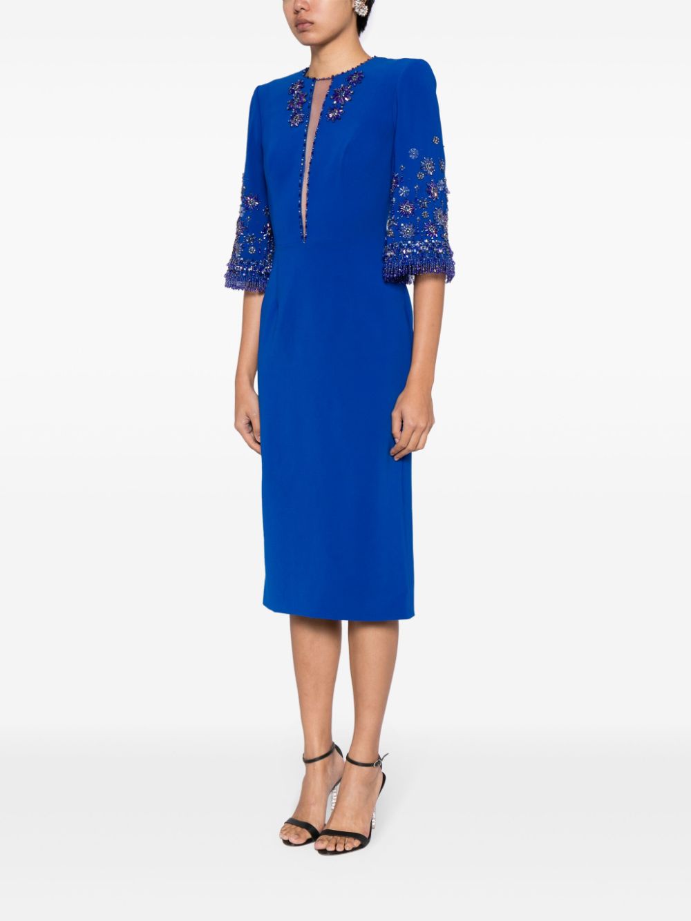 Shop Jenny Packham Sandrine Bead-embellished Midi Dress In Blue