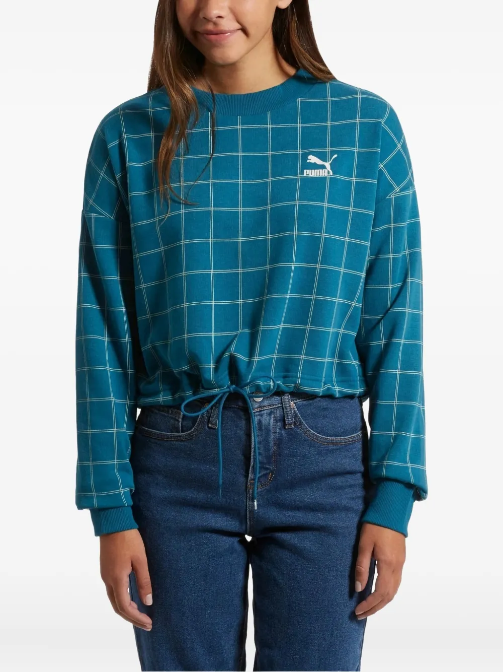 Puma Grid-pattern Drawstring-hem Sweatshirt In Blue