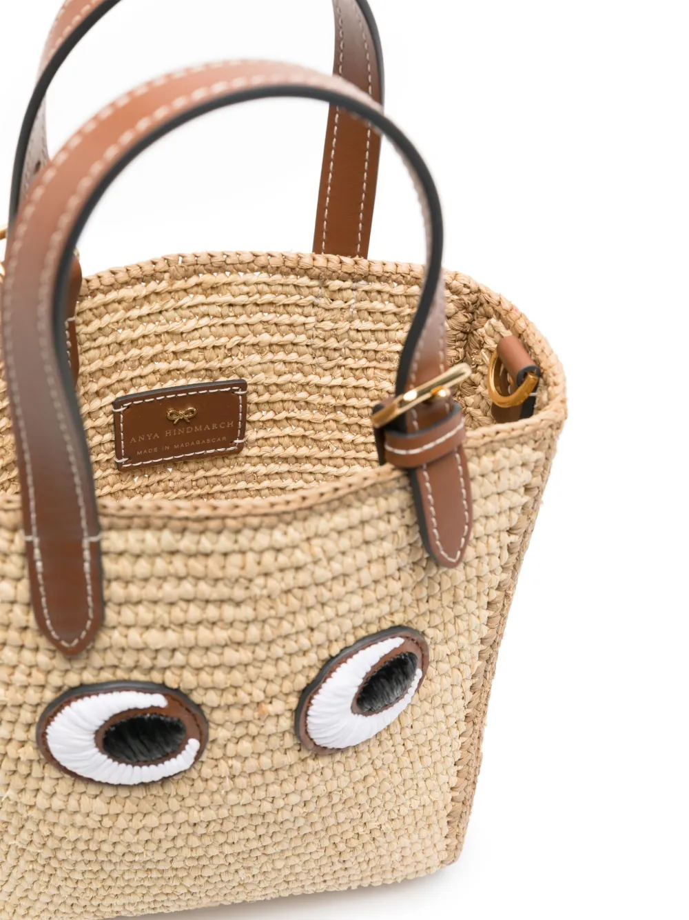 Shop Anya Hindmarch Eyes-embroidered Raffia Tote Bag In Neutrals