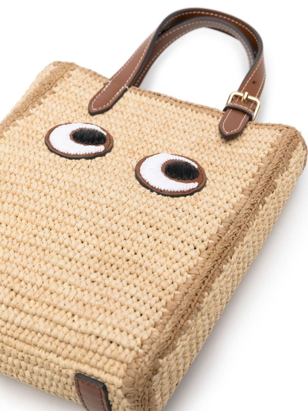 Shop Anya Hindmarch Eyes-embroidered Raffia Tote Bag In Neutrals