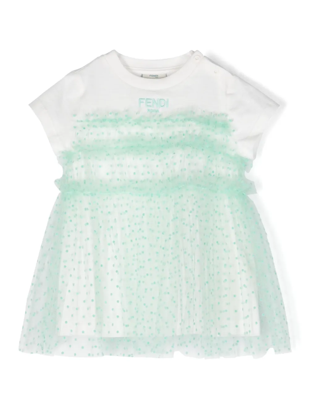 Fendi Babies' Tulle-overlay Logo-embroidered Dress In Blue