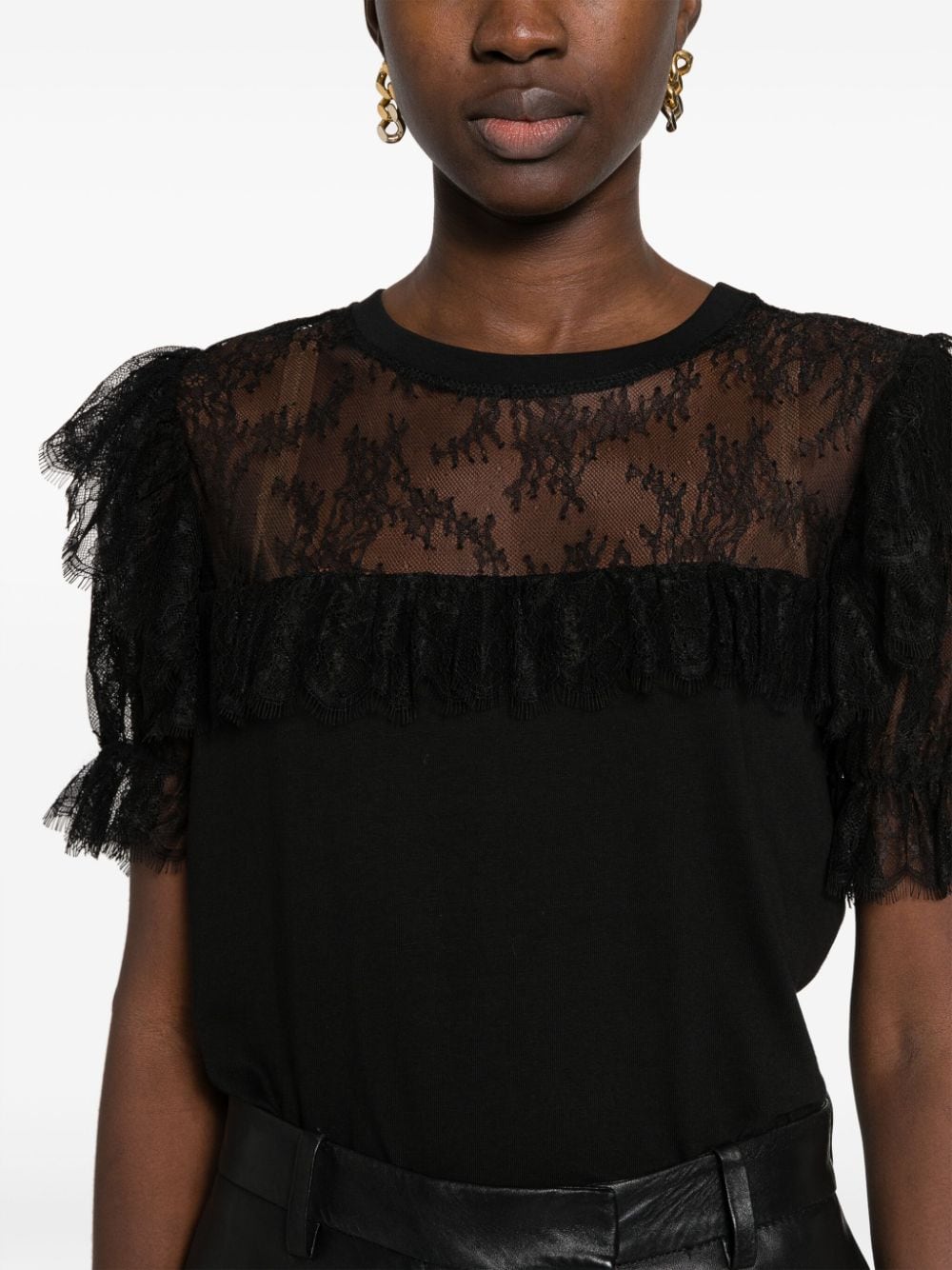 Shop Twinset Floral-lace Cotton T-shirt In Black