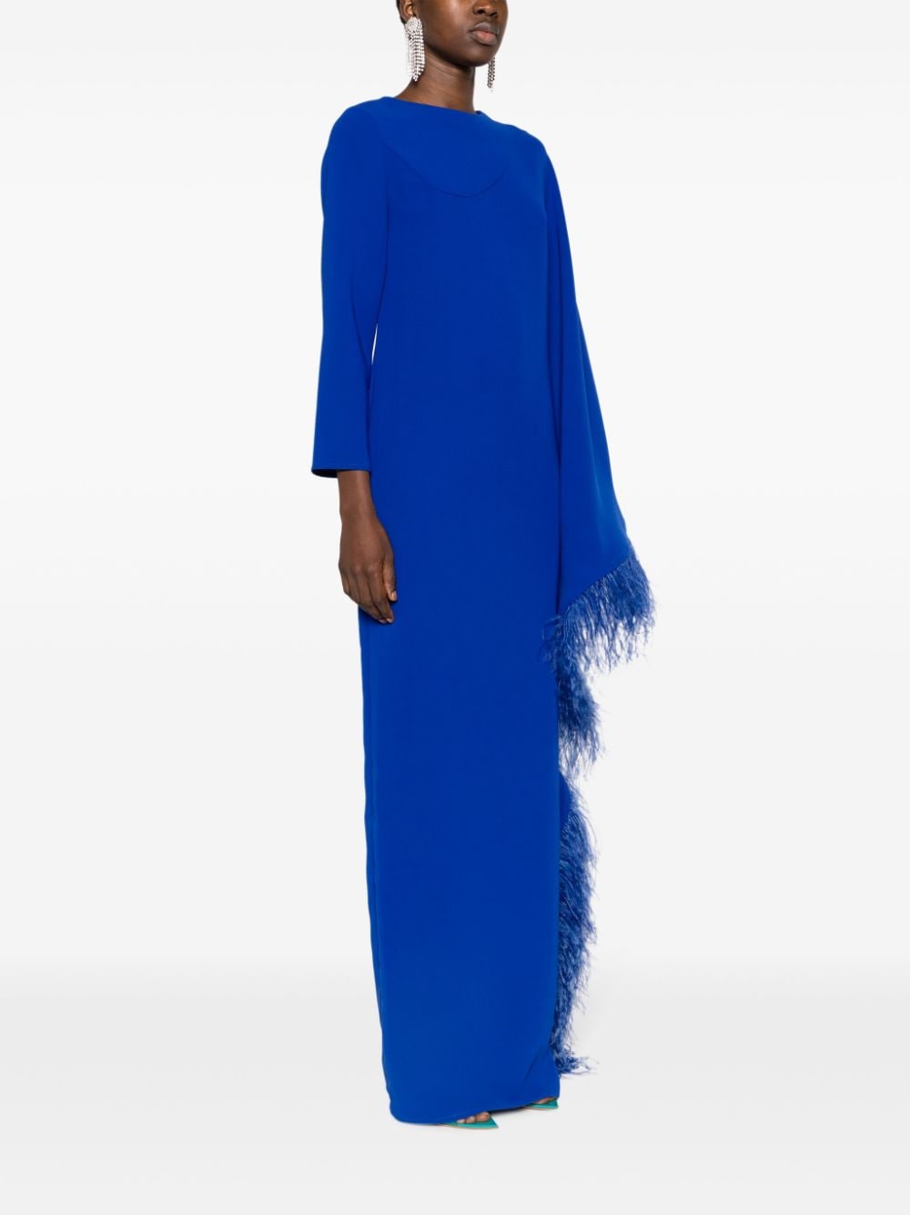 Shop Jean Louis Sabaji Feather-trim Asymmetric Maxi Dress In Blue