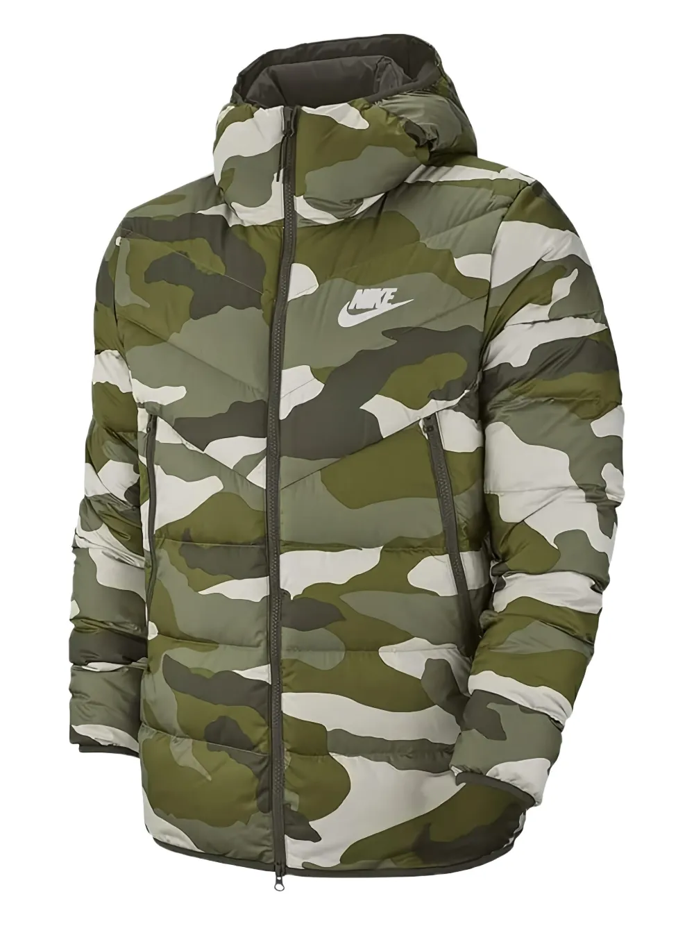 Nike camouflage-print hooded puffer jacket Groen