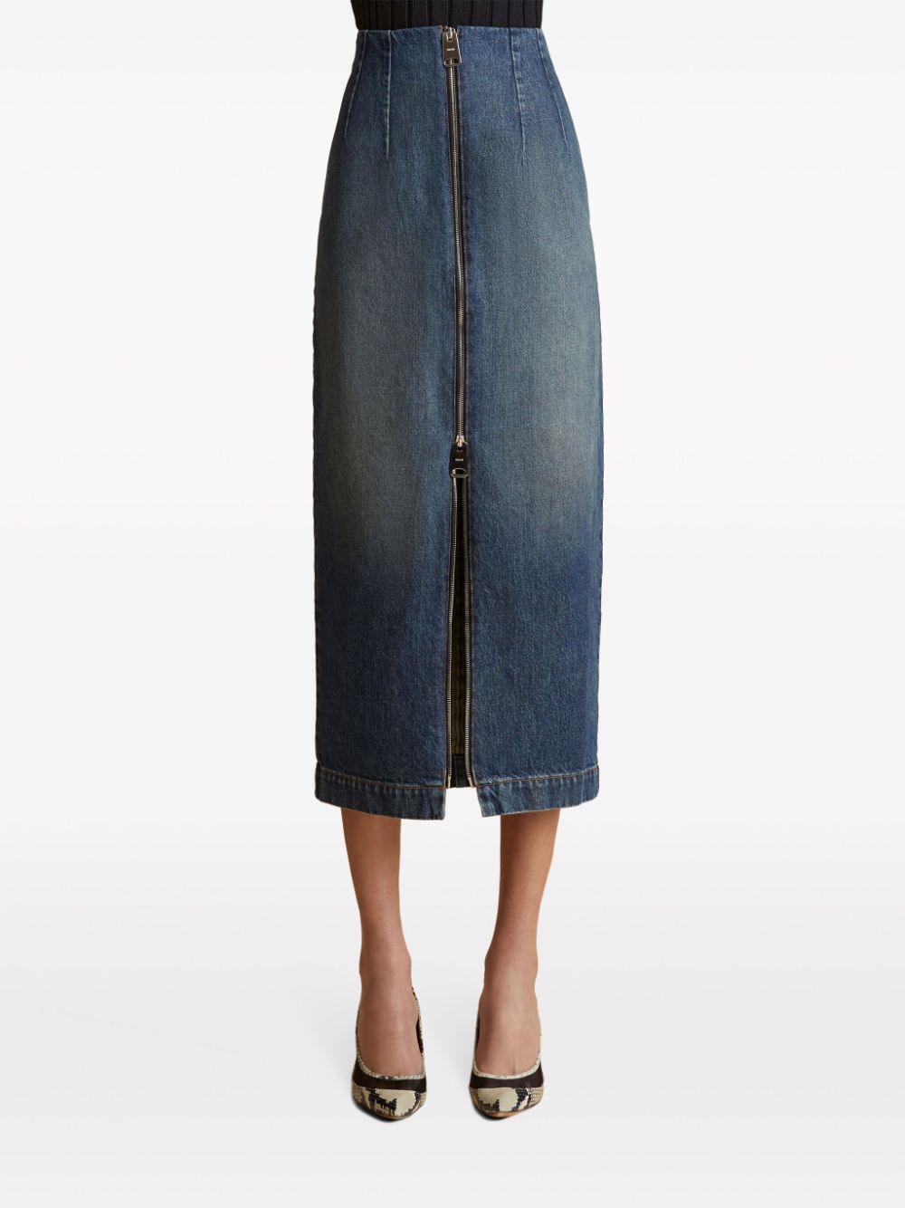 Shop Khaite The Ruly Denim Midi Skirt In Blue