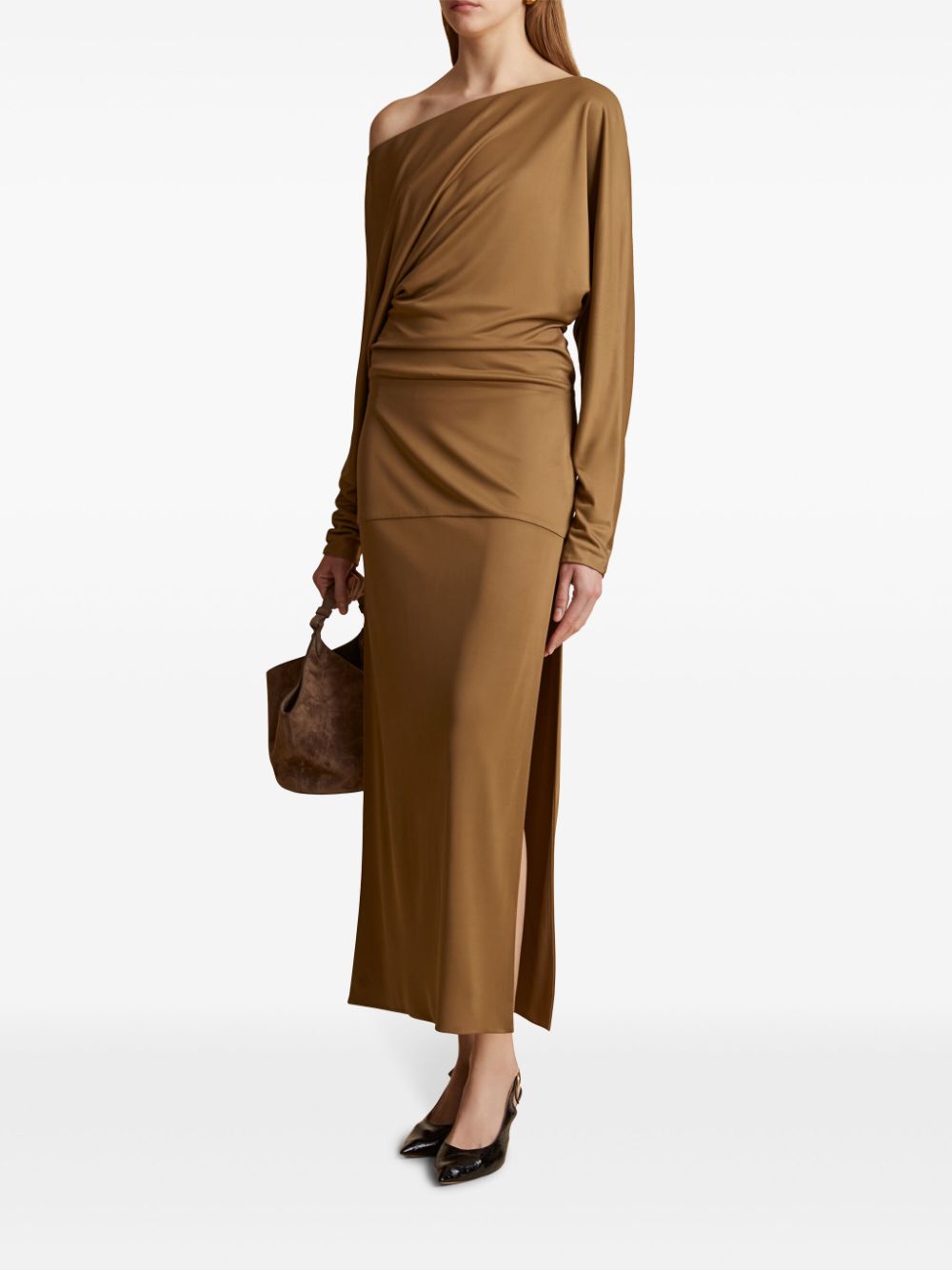 Shop Khaite Junet Draped Maxi Dress In Brown