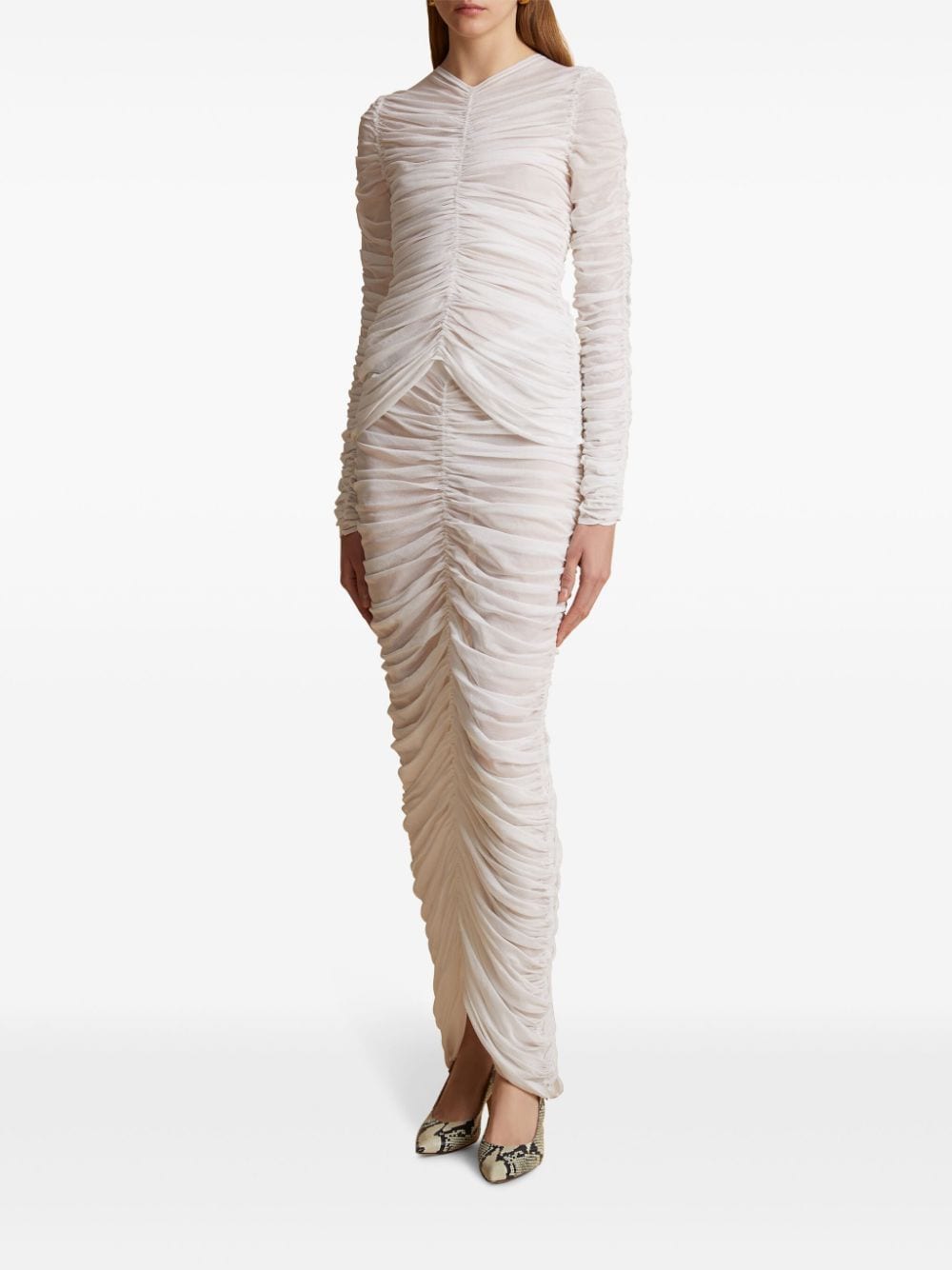Shop Khaite Laure Ruched Silk Skirt In White