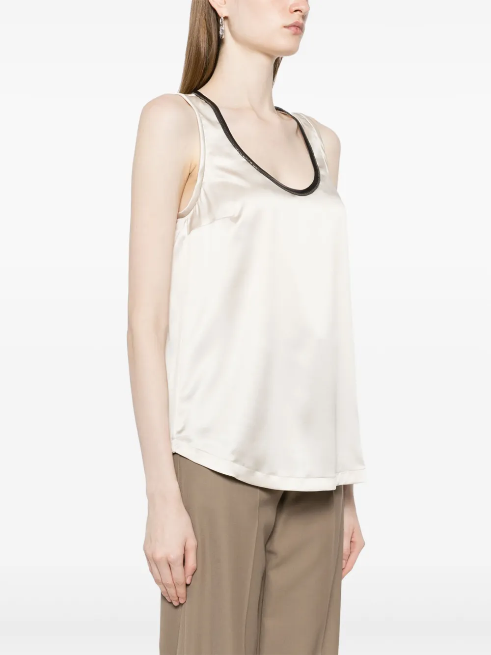 Brunello Cucinelli Monili-trim Stretch Satin Scoop-neck Tank Top In Neutrals