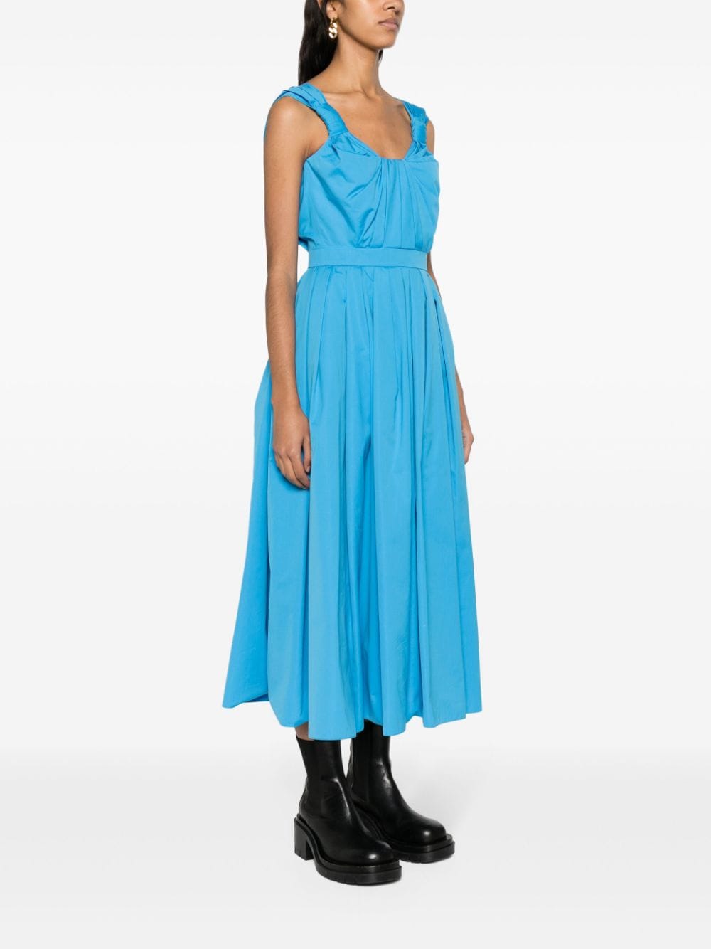 Shop Alexander Mcqueen Pleated Cotton Midi Dress In Blue