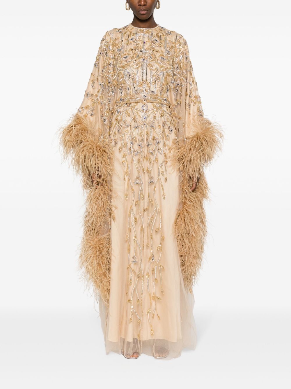 Shop Dina Melwani Feather-trim Beaded Gown In Gold