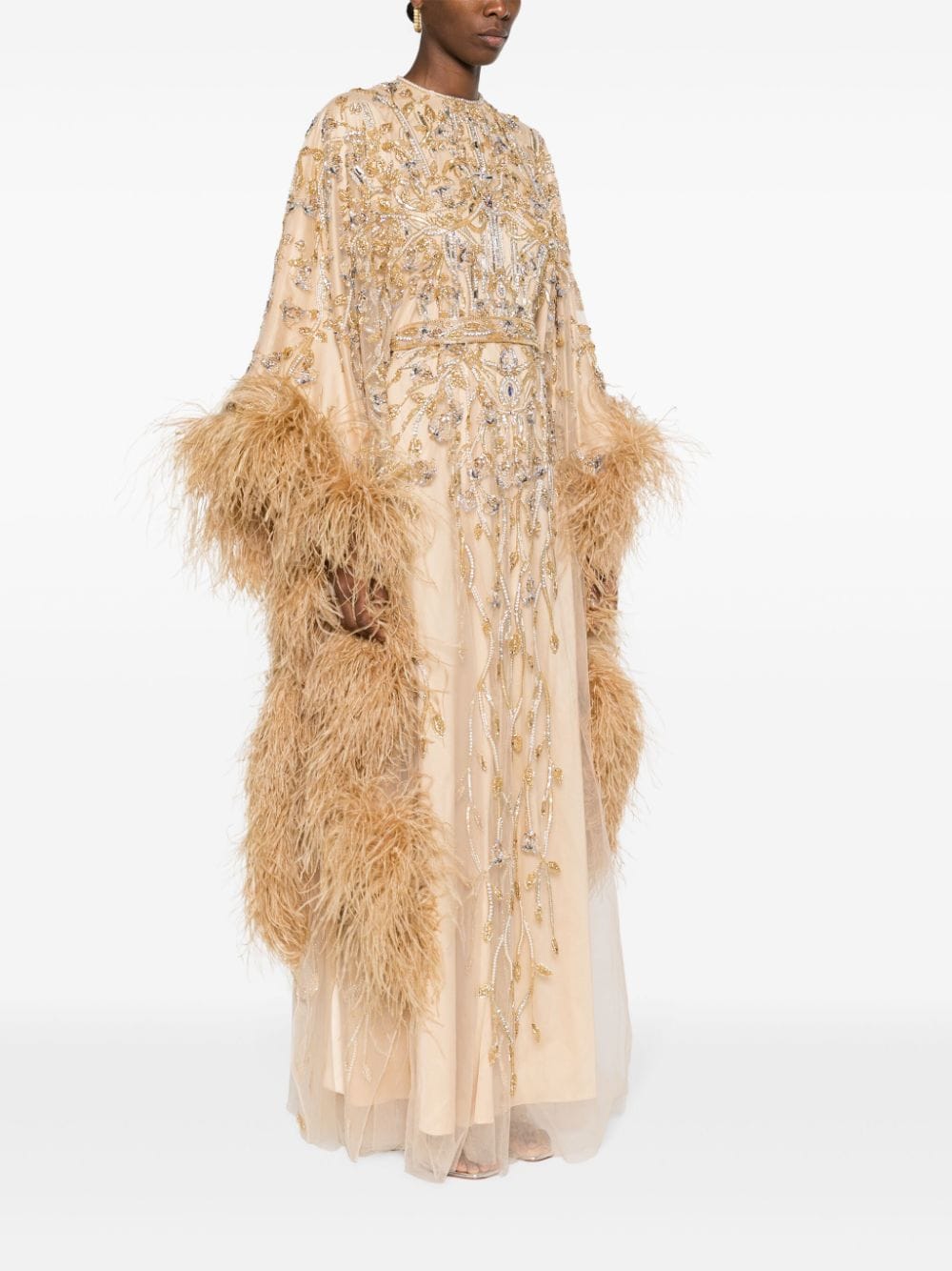 Shop Dina Melwani Feather-trim Beaded Gown In Gold