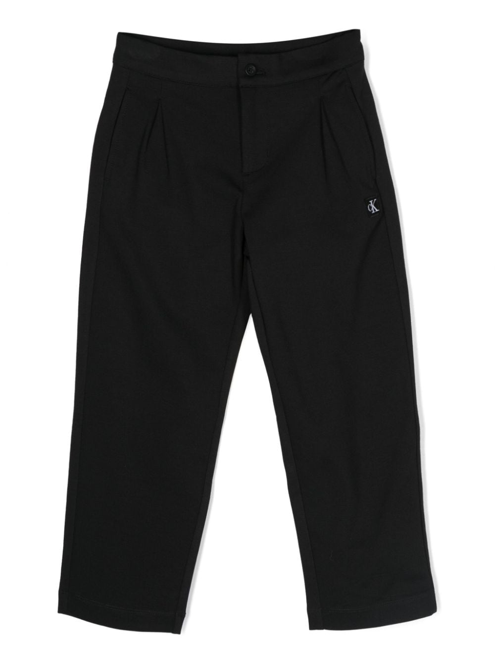 Shop Calvin Klein Logo-patch Pleated Straight-leg Trousers In Black