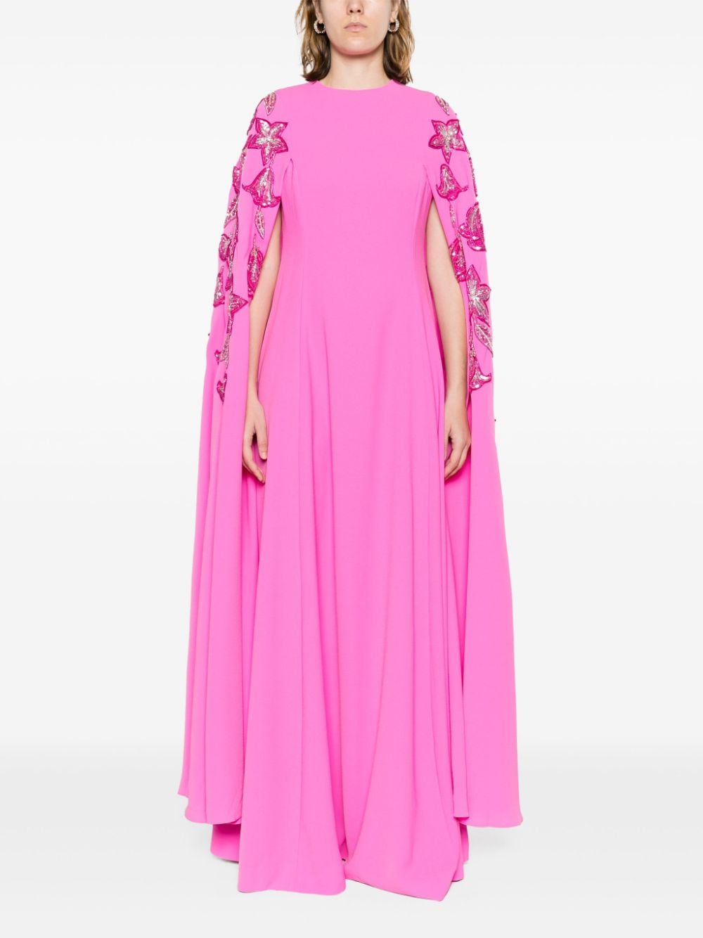 Shop Dina Melwani Floral-embroidered Crepe Gown In Pink