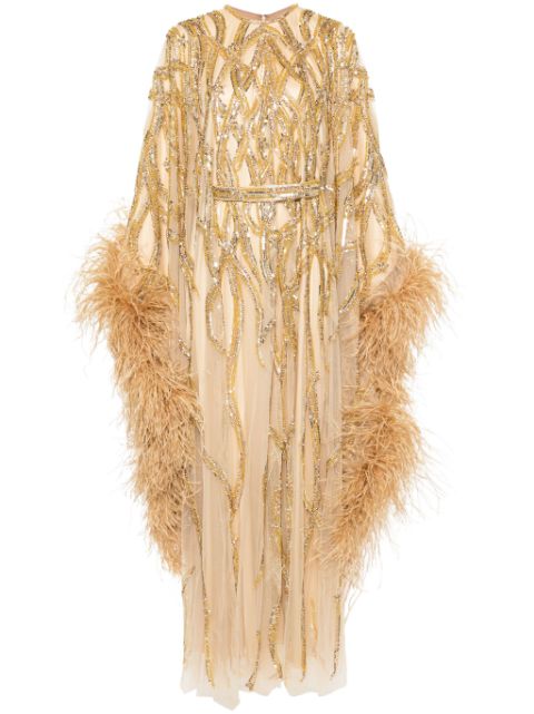 Dina Melwani feather-trim beaded gown