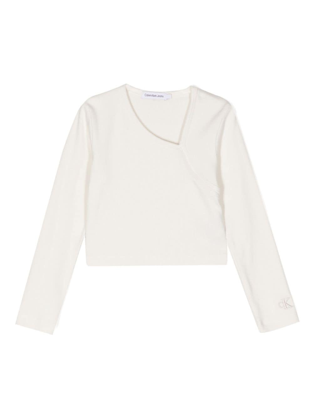 Calvin Klein Kids' Logo-embroidered Asymmetric Knit Top In Ybi White Beige