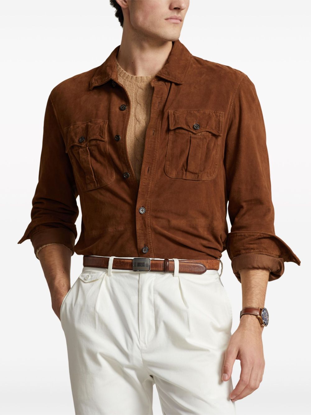 Shop Polo Ralph Lauren Suede Long-sleeve Shirt In Brown
