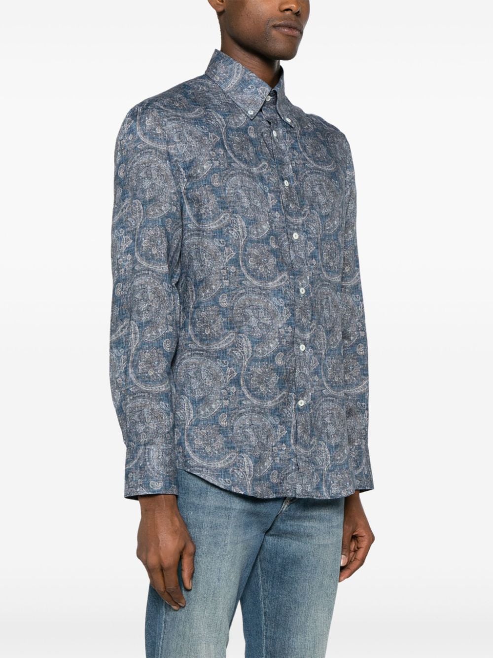 Shop Brunello Cucinelli Paisley-print Linen Shirt In Blue