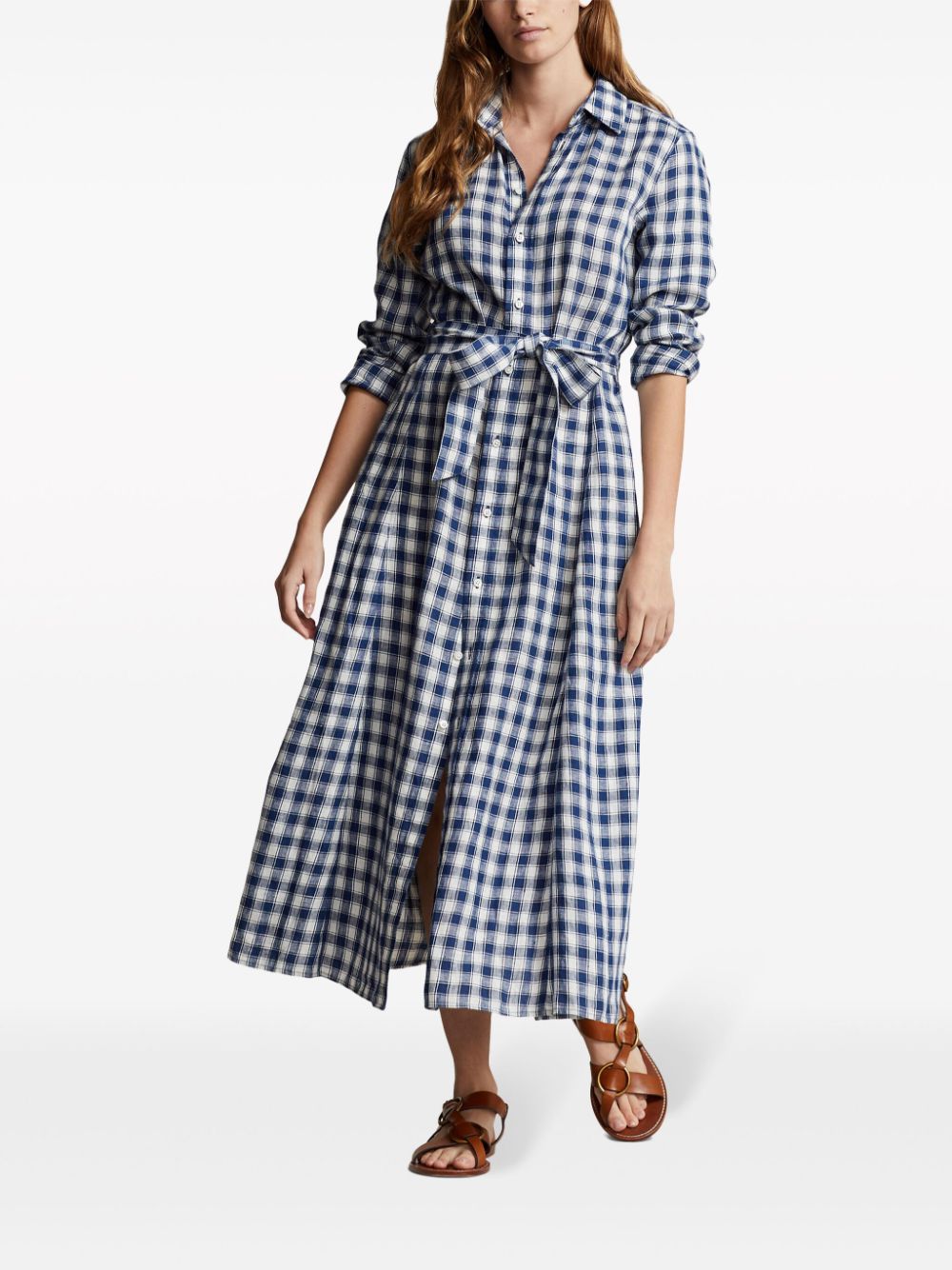 Shop Polo Ralph Lauren Check-pattern Linen Dress In Blue