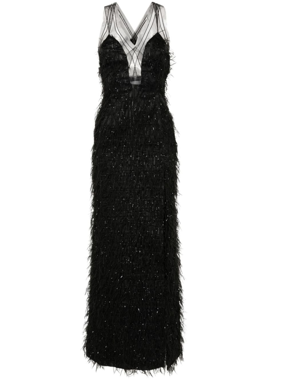 Genny Faux-feather Long Dress In Black