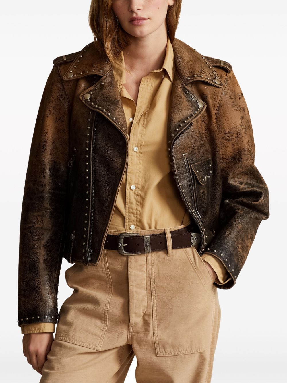 Shop Polo Ralph Lauren Cracked-effect Leather Jacket In Brown