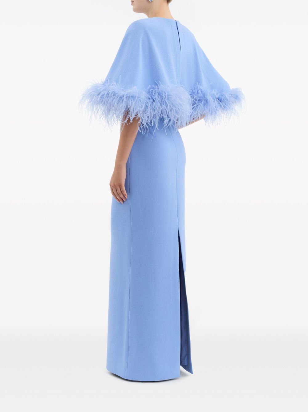 Shop Rebecca Vallance Juliana Feather-cuff Embroidered Gown In Blue