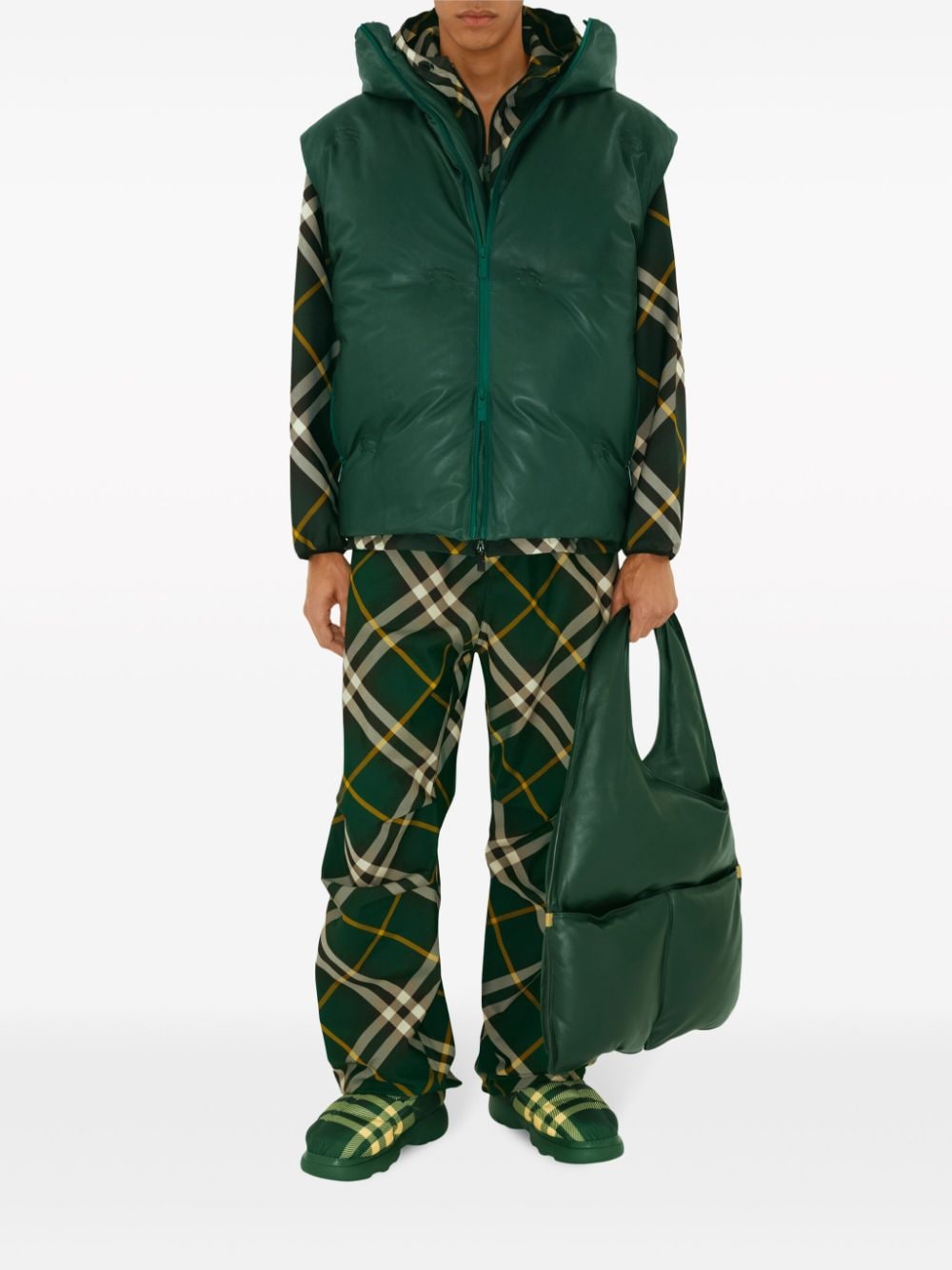 Shop Burberry Check-pattern Zipped Hooded Jacket In Green