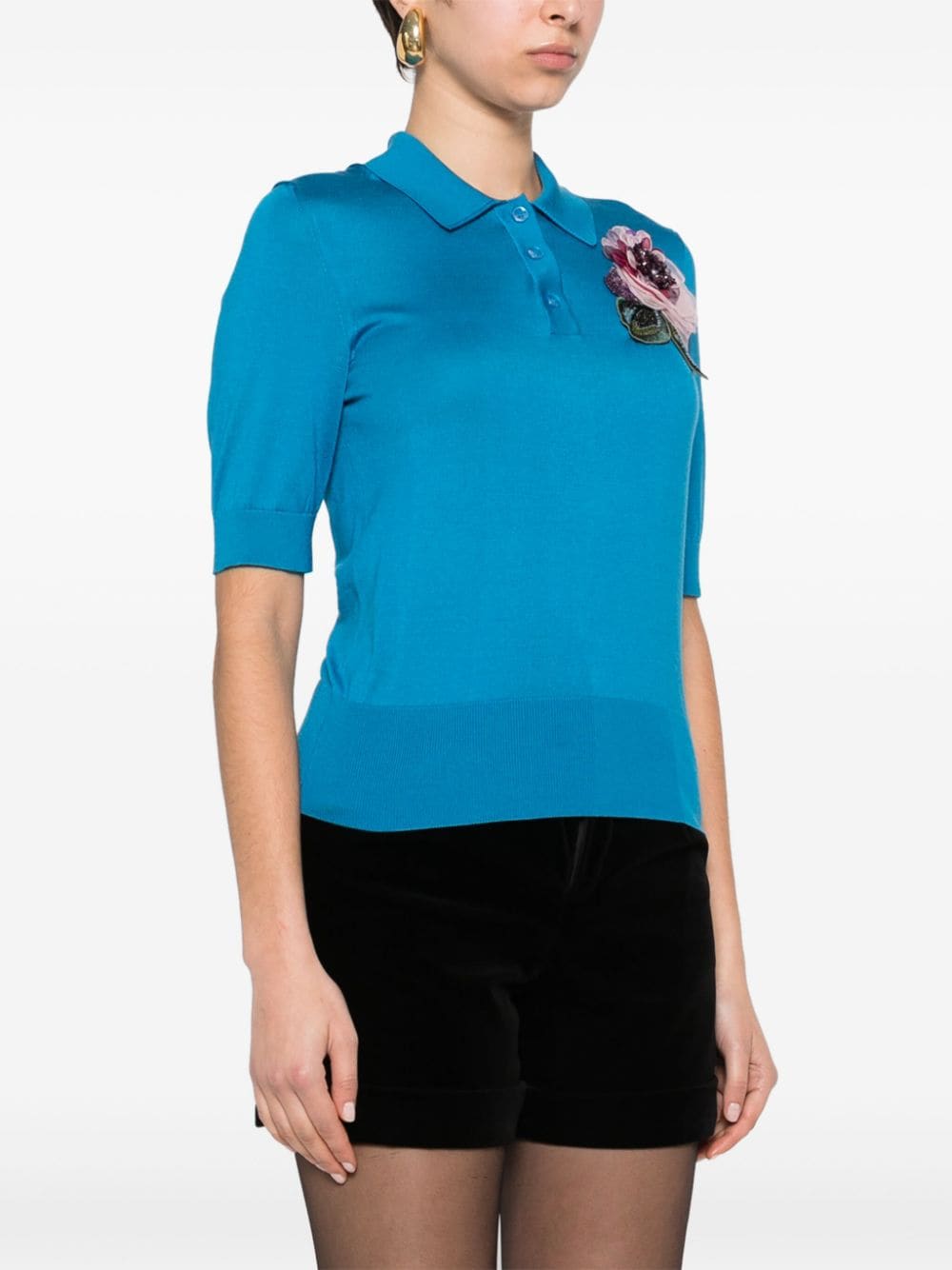 floral-appliqué knit polo shirt