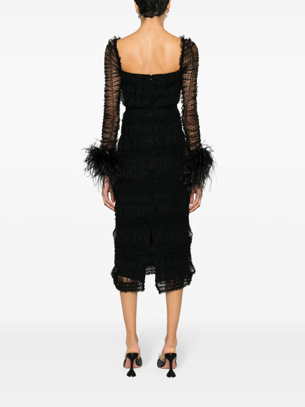 Self-portrait Feather-cuffs Point D'esprit Midi Dress In Black