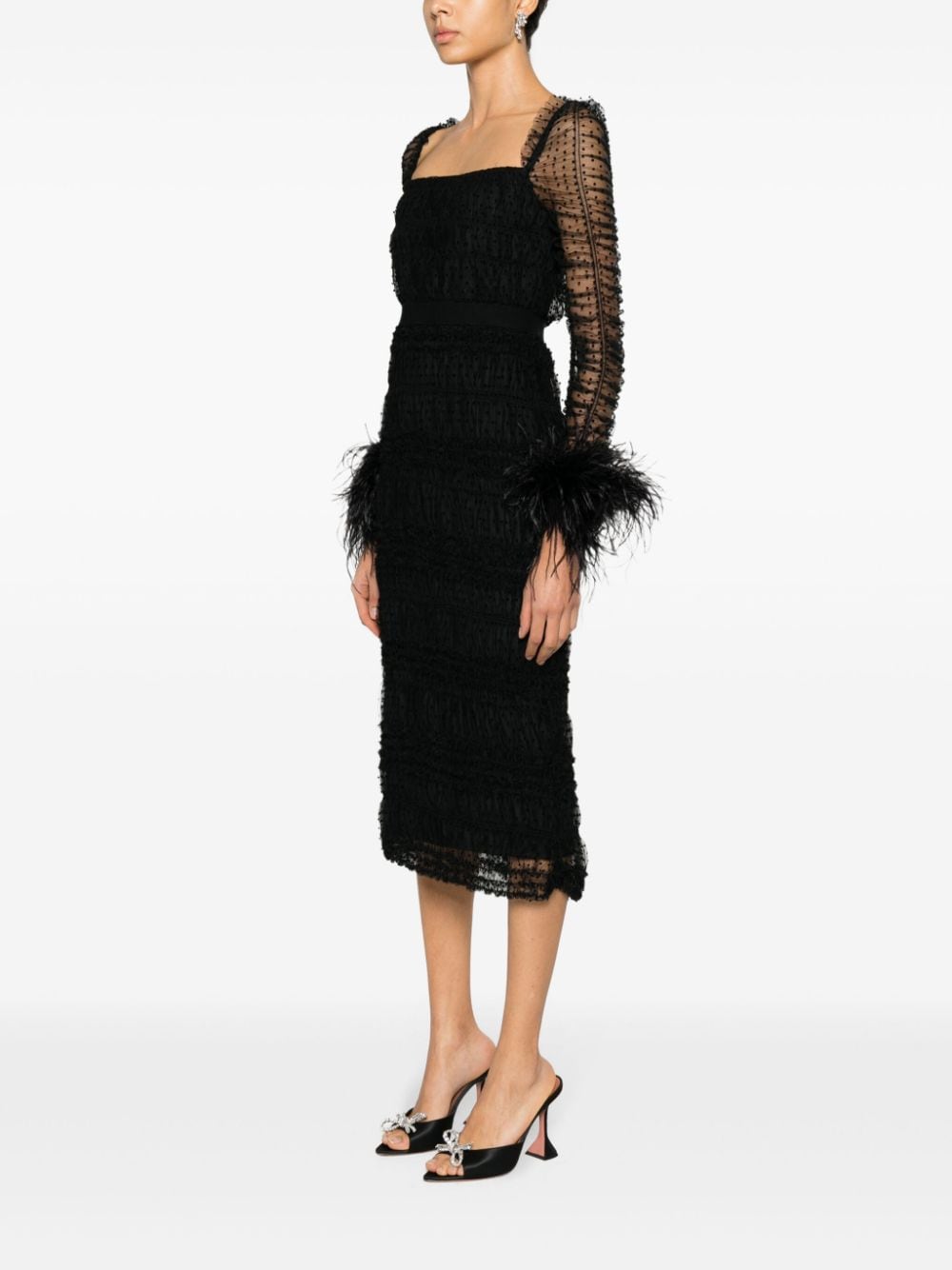 Self-portrait Feather-cuffs Point D'esprit Midi Dress In Black