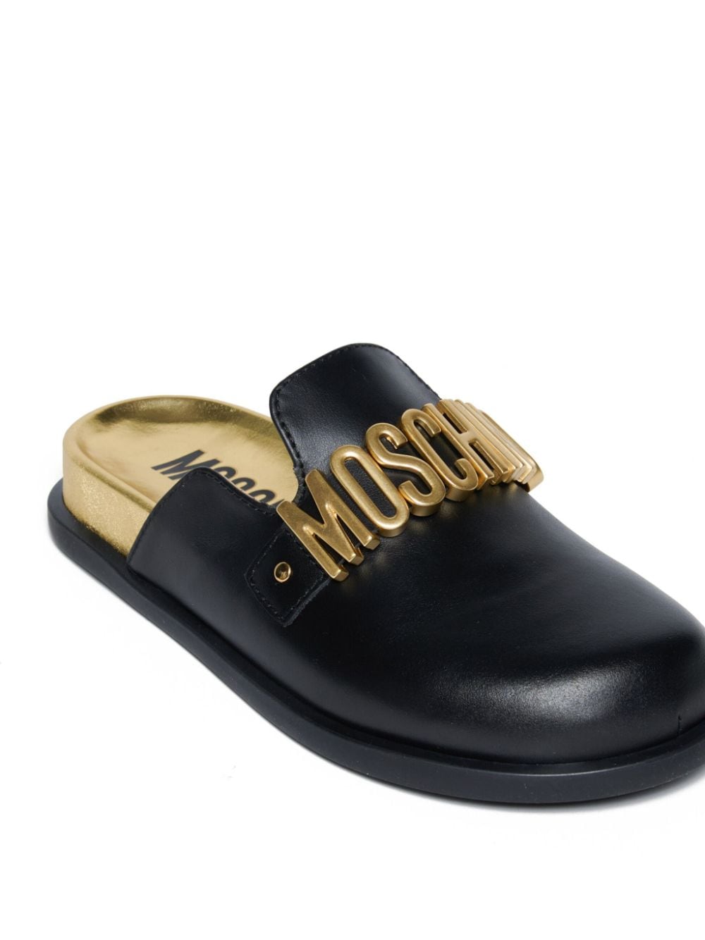 Shop Moschino Logo-lettering Leather Slippers In Black
