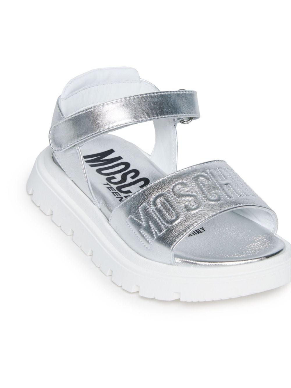 Shop Moschino Logo-embroidered Leather Sandals In Silver