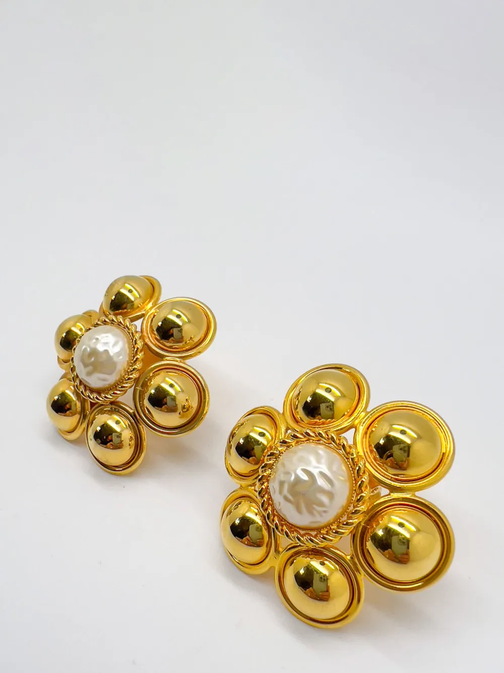 Vintage Statement Gold &Amp; Pearl Flower Earrings 1960s