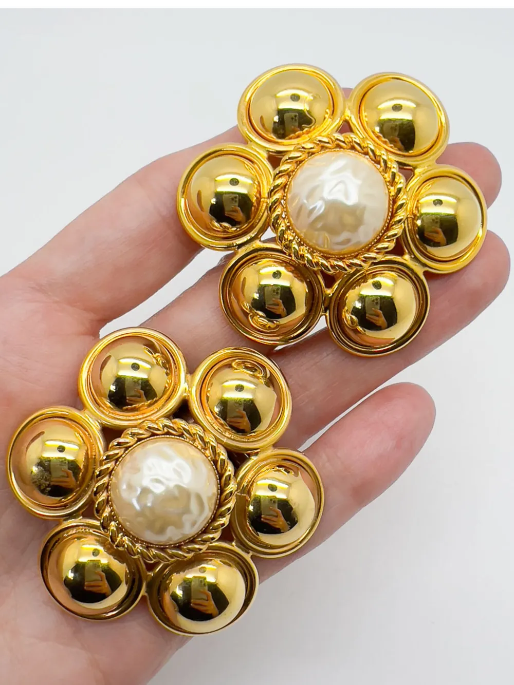 Vintage Statement Gold &Amp; Pearl Flower Earrings 1960s
