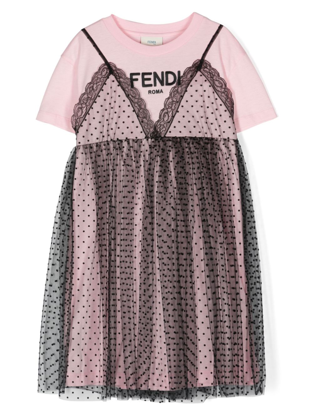 Fendi Kids' Point D'esprit Layered Dress In Black